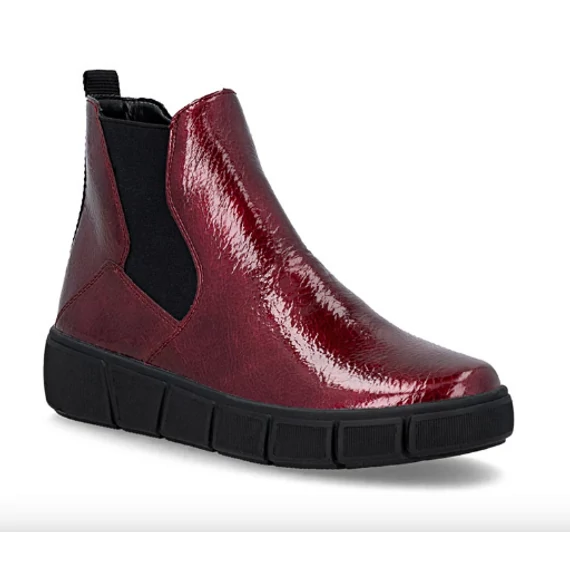 Remonte fényes felületű, bordó, női bokacsizma nagyméretben