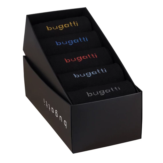 Bugatti fekete férfi zokni színes logóval 5pár, nagyméretben 